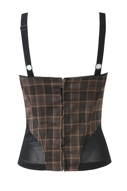 Brown Color Plaid Print Shoulder Strap Casual Fashion Women's Crop tank Top