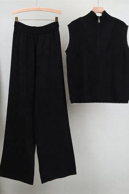 Zipper Sleeveless Knitted Vest Set for Women, Slimming and Wide Leg Pants Two-piece Set Trendy