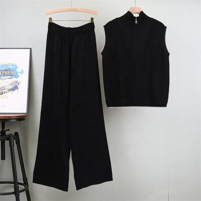 Zipper Sleeveless Knitted Vest Set for Women, Slimming and Wide Leg Pants Two-piece Set Trendy