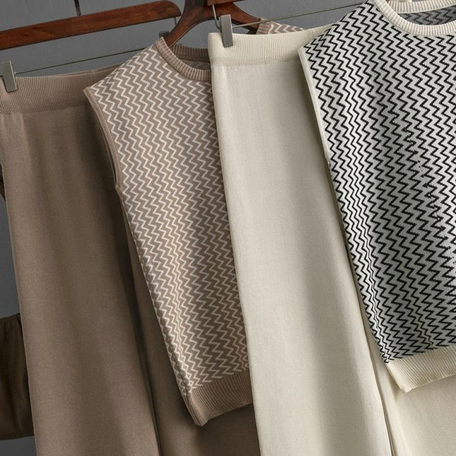 Summer New Simple Retro Loose Sleeveless Knitted Shoulder Top Wide Leg Pants Knitted Two Piece Set for Women
