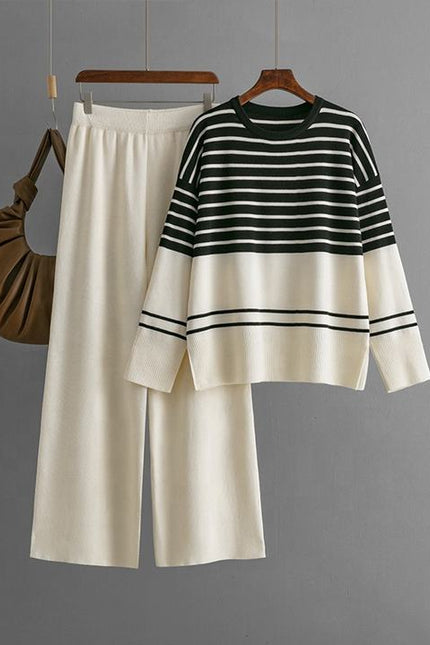 Autumn Winter New Striped Knitted Two-piece Round Neck Sweater Top + Fashion Trousers 2-piece Set