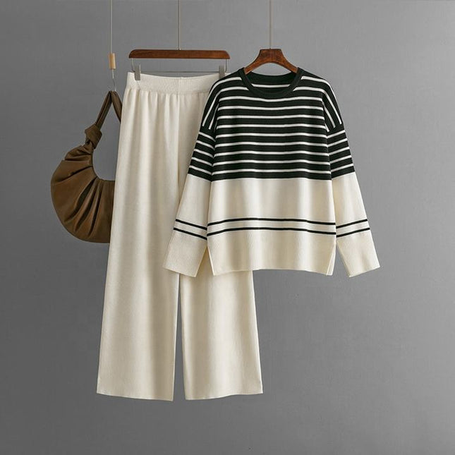 Autumn Winter New Striped Knitted Two-piece Round Neck Sweater Top + Fashion Trousers 2-piece Set