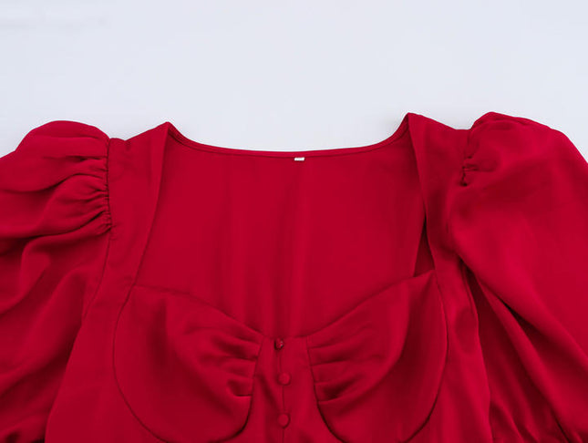 Square Collar Short Sleeve Buttons up Red Color Casual Fashion Oversize Maxi Dress for Ladies
