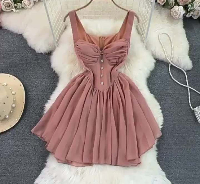 Verão A linha Vestido Curto Sem Mangas Cor Sólida Cintura Alta Deslizamento Sexy Dress