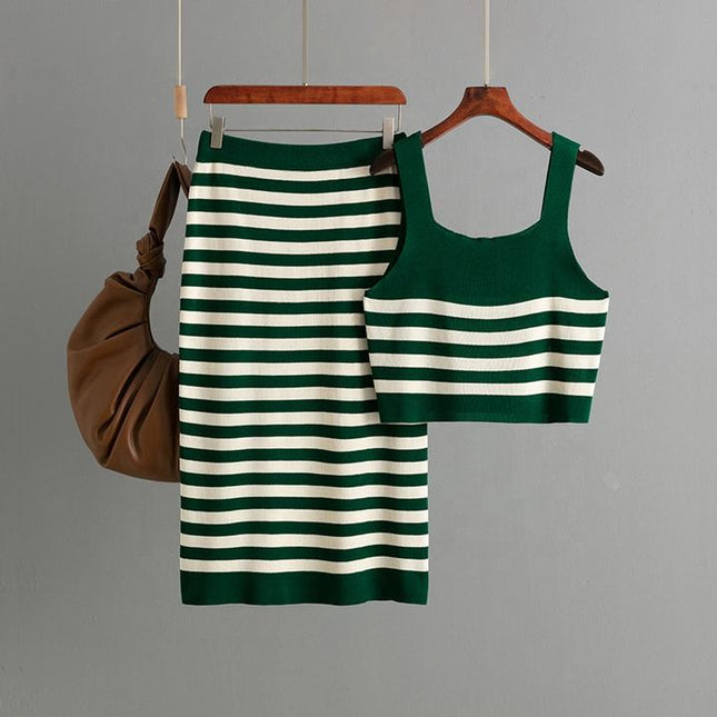 2025 New Set Women Two Pieces Set Knit Skirt Stripe Set