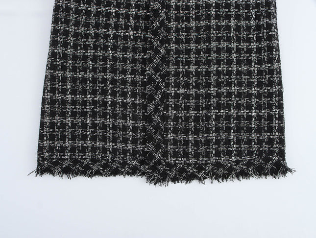 Square Collar Long Sleeve Plaid Pattern Buttons up Casual Fashion Tweed Long Dress for Women