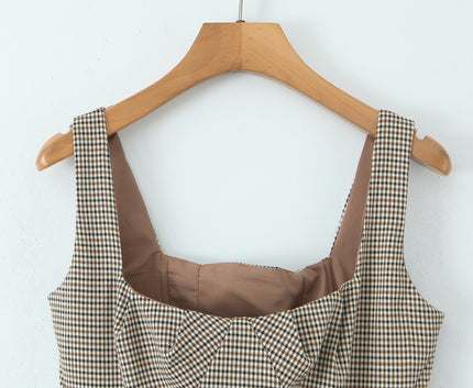 Shoulder Strap Plaid Print Brown Color Back Lace up Casual Fashion Women's tank Top