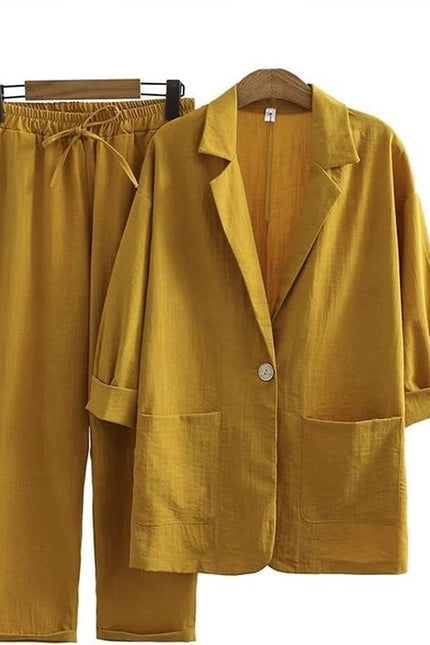 Ladies Cotton Linen 2 Piece Suit Jacket Pants Autumn Loose Fashion Casual Suit Top Set