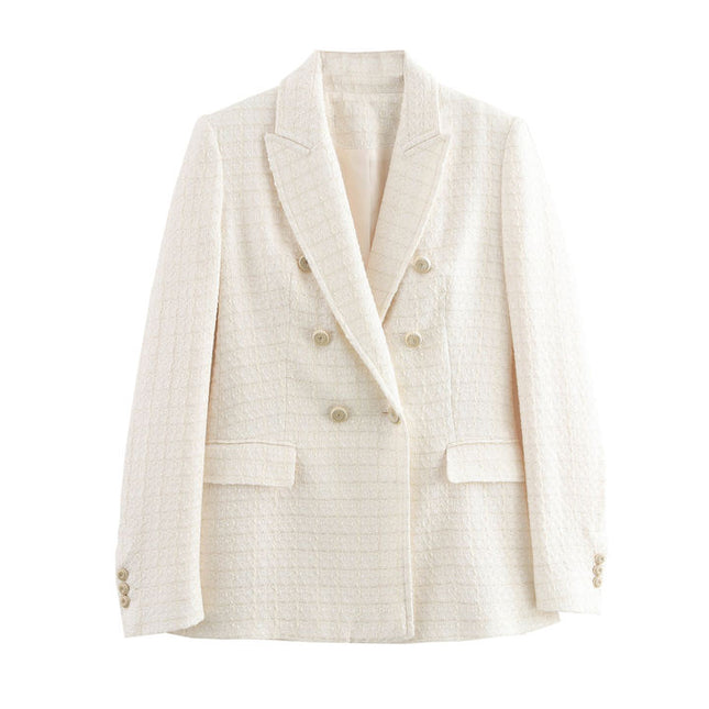 Beige Color Double Breasted Long Sleeve Notched Collar Casual Fashion blazer for Women