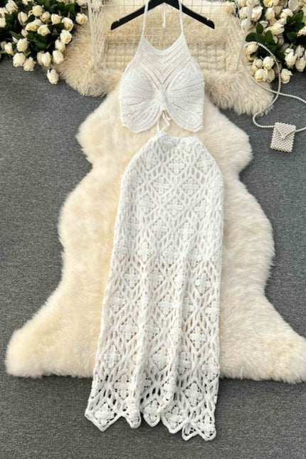 Knit Women Two Pieces Set Beachwear Long Beach Skirt