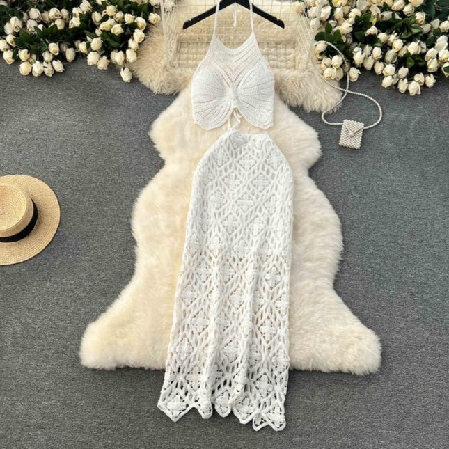 Knit Women Two Pieces Set Beachwear Long Beach Skirt