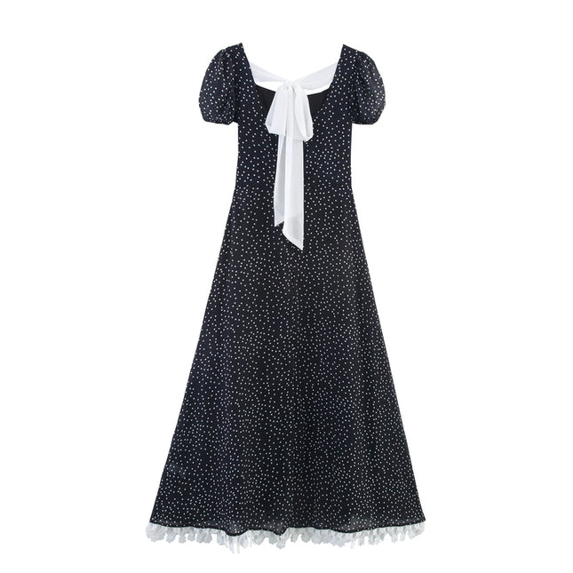 Square Collar Back Bow Tie Black Color Polka Dot Print Casual Fashion Summer Long Dress for Women