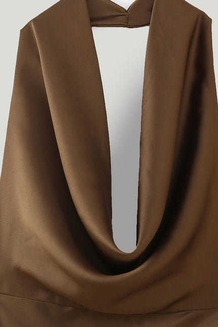 Back Hollow Out Brown Color Sleeveless Hot Sale Casual Fashion Maxi Halter Dress for Ladies