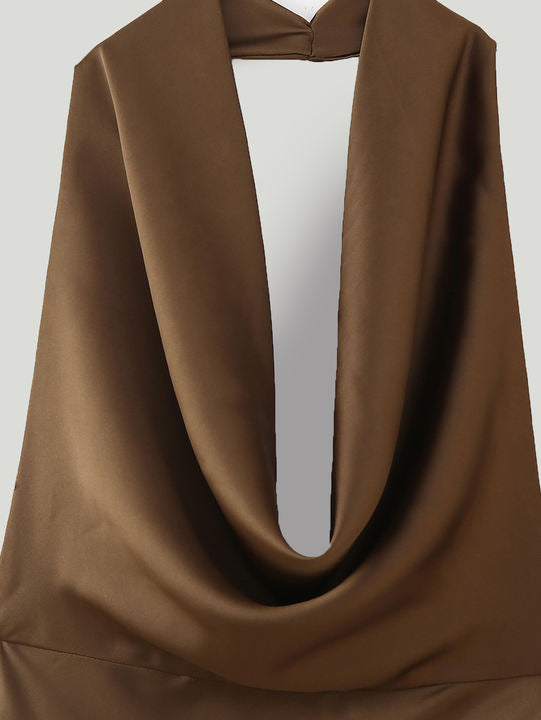 Back Hollow Out Brown Color Sleeveless Hot Sale Casual Fashion Maxi Halter Dress for Ladies