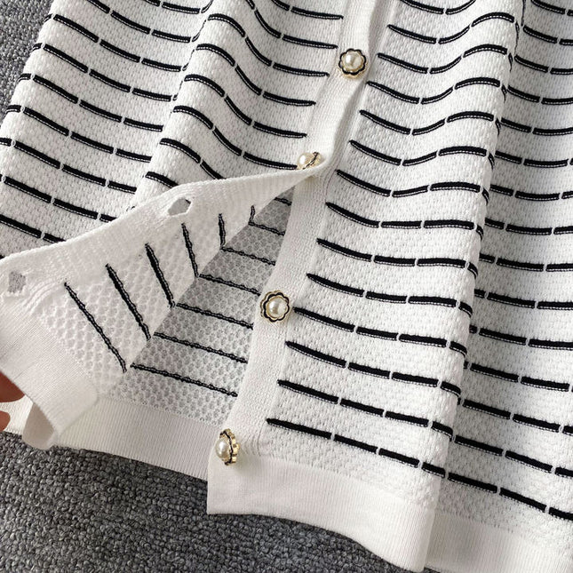 Knitwear Manufacturer Custom Contrast Color Striped V Neck Single Breasted Sleeveless Luxury Knit Dress