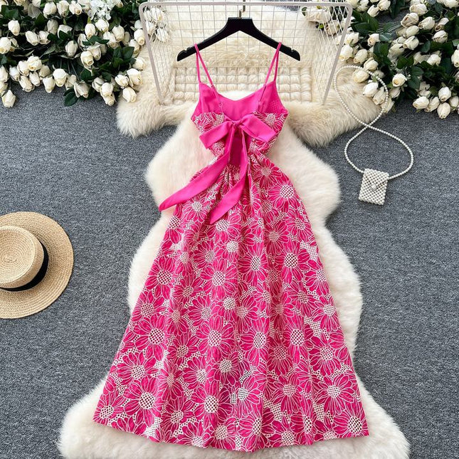 French Premium Embroidery Hollow Out Backless Halter Vacation Elegant Long Dresses for Women