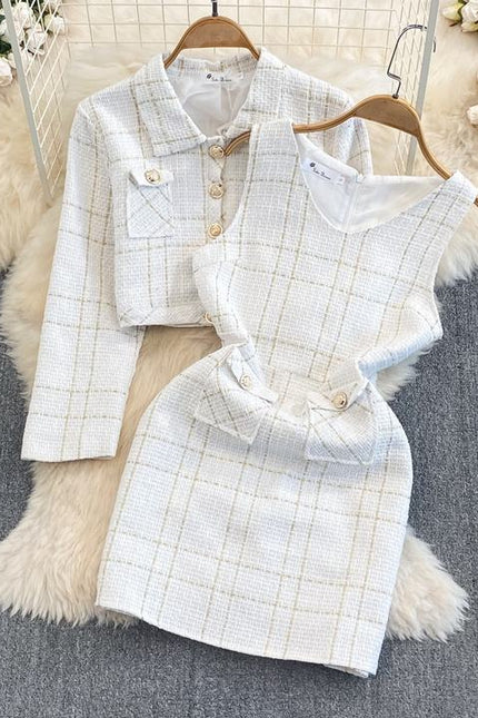 Autumn and Winter Temperament Long Sleeved Tweed Jacket With Waistband Vest and Buttocks Wrapped Dress Two Piece Set