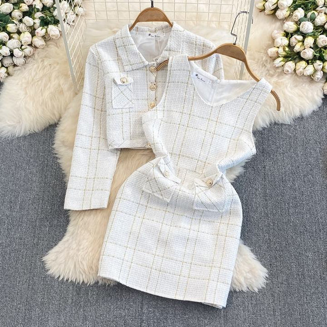 Autumn and Winter Temperament Long Sleeved Tweed Jacket With Waistband Vest and Buttocks Wrapped Dress Two Piece Set