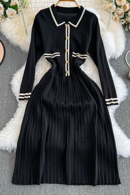 French Knit Dress Women'S Fall New Waist Senior Pleated Long Dresses