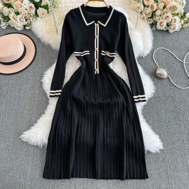 French Knit Dress Women'S Fall New Waist Senior Pleated Long Dresses
