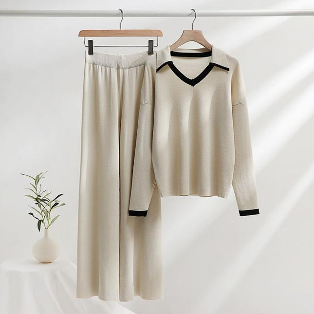 Casual Loose 2 Piece Set for Women V-neck Top High Waist Knitted Dress Set Jogging Suits Wholesale
