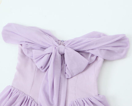 Purple Color Front Bow Tie Sleeveless Slash Neck Casual Fashion Ladies Mini Dress