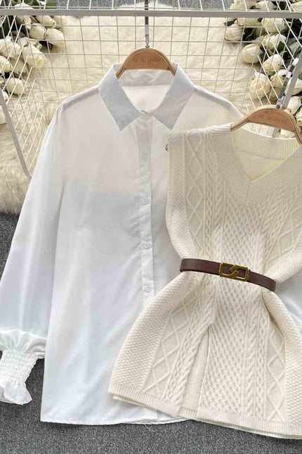 2025 Autumn Fashion ChicWaist Closing Knitting Vests Lapel White Casual Long Sleeve Shirts Female