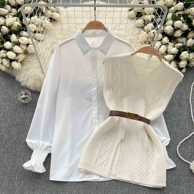 2025 Autumn Fashion ChicWaist Closing Knitting Vests Lapel White Casual Long Sleeve Shirts Female