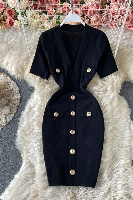 Wholesale V Neck Short Sleeved Knit Jersey Bodycon Dress Women Slim Casual Summer Dresses Vestido