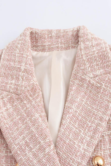 Notched Collar pink Color Double Breasted Long Sleeve Plaid Pattern Casual Fashion blazer for Women