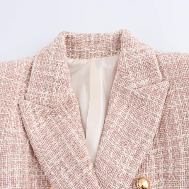Notched Collar pink Color Double Breasted Long Sleeve Plaid Pattern Casual Fashion blazer for Women