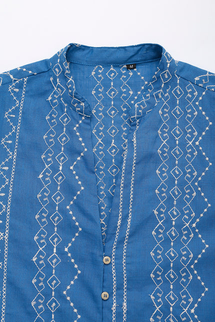 V Neck Blue Color Embroidery Buttons up Long Sleeve Casual Fashion Tops Blouse for Women