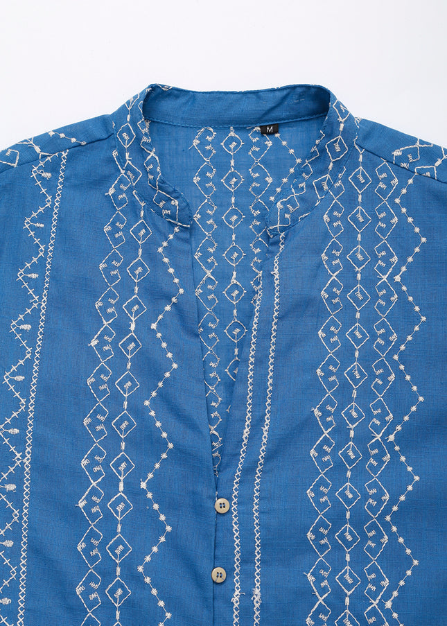 V Neck Blue Color Embroidery Buttons up Long Sleeve Casual Fashion Tops Blouse for Women
