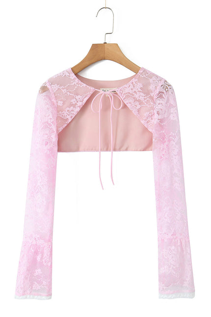 Crew Neck Long Sleeve Front Lace up Crop Top pink Color Floral Lace Mini Dress Casual Fashion Women 2 Piece Set