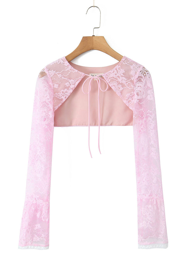 Crew Neck Long Sleeve Front Lace up Crop Top pink Color Floral Lace Mini Dress Casual Fashion Women 2 Piece Set