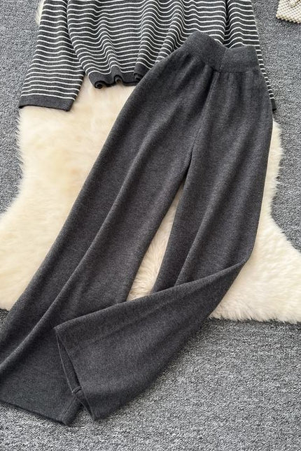 Women Knitwear 2 Piece Set T-shirt + Long Pants Suits Sports Outwear Striped Loose Lady Knitting Sweater Suits