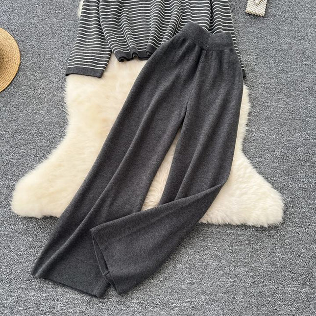 Women Knitwear 2 Piece Set T-shirt + Long Pants Suits Sports Outwear Striped Loose Lady Knitting Sweater Suits