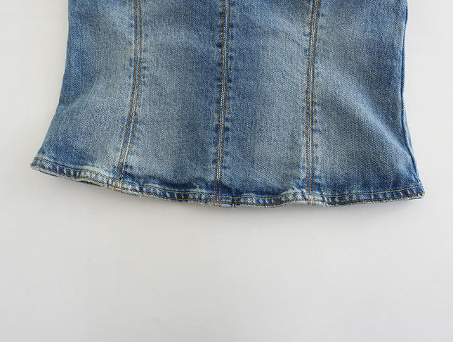 Denim Blue Color Strapless Back Zipper Fly Casual Fashion Women Crop tank Top