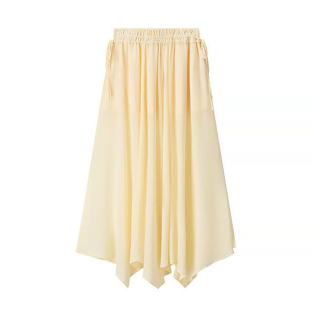 Crew Neck Front Ruffle Long Sleeve Blouse Yellow Color Long Skirt Causal Fashion Women 2 Piece Set