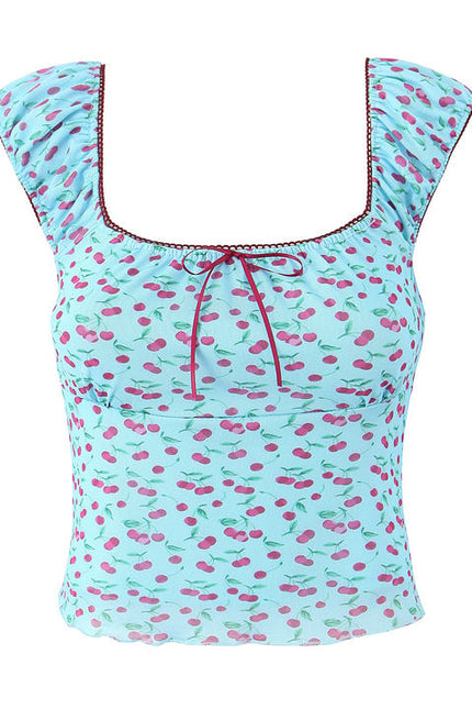 Shoulder Strap Blue Color Fruit Print Front Lace up Casual Fashion Women's tank Tops