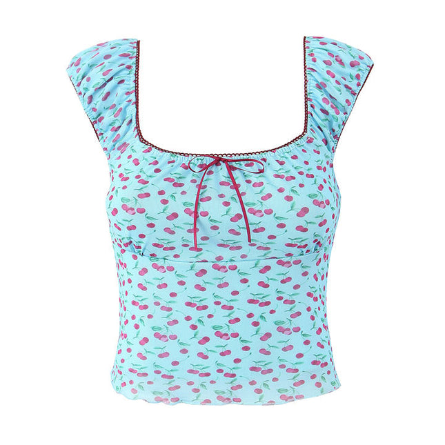 Shoulder Strap Blue Color Fruit Print Front Lace up Casual Fashion Women's tank Tops