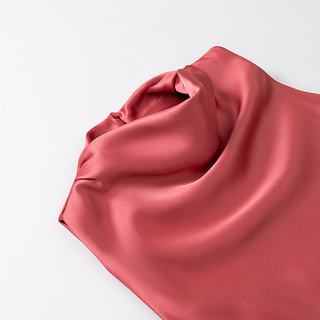 Red Color Sleeveless Crew Neck Hot Sale Casual Fashion Satin Long Dress for Women
