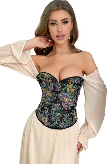 Floral Embroidered Strapless Corset – Backless Lace-Up Crop Top