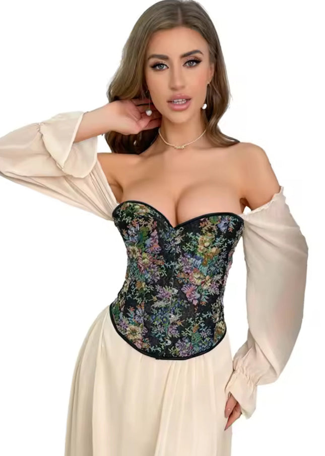 Floral Embroidered Strapless Corset – Backless Lace-Up Crop Top