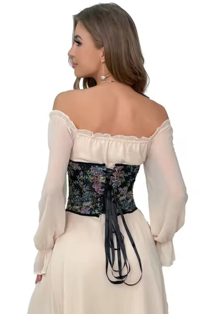 Floral Embroidered Strapless Corset – Backless Lace-Up Crop Top