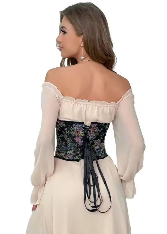Floral Embroidered Strapless Corset – Backless Lace-Up Crop Top