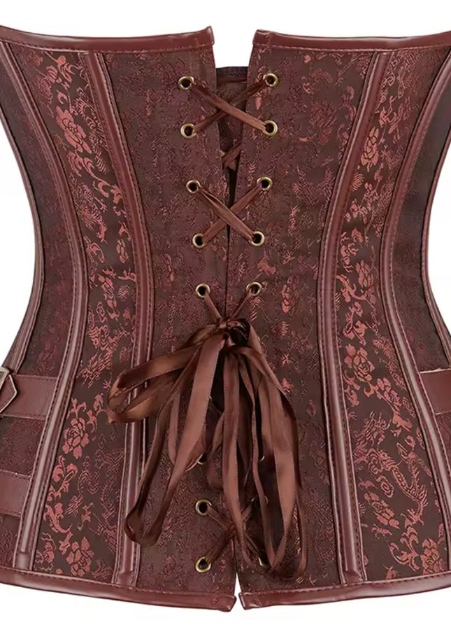 Brown Steampunk Overbust Corset – Brocade Faux Leather