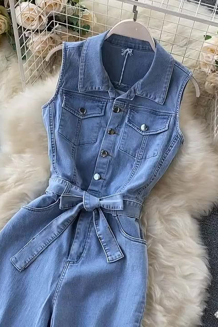 Retro Buckle Ties Waist Straight Wide Leg Pants Denim Jumpsuit