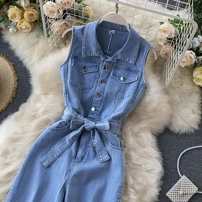 Retro Buckle Ties Waist Straight Wide Leg Pants Denim Jumpsuit