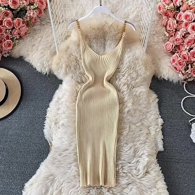 2024 Verão Novo Temperamento Sexy Malha Cadeia Halter Vest Slim Vestidos Apertados